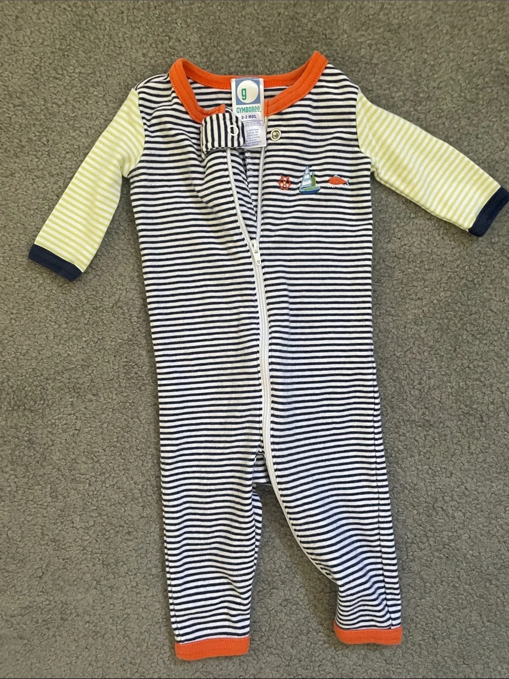 Gymboree Navy & White Striped One-Piece with Yellow Sleeves and Orange Trim